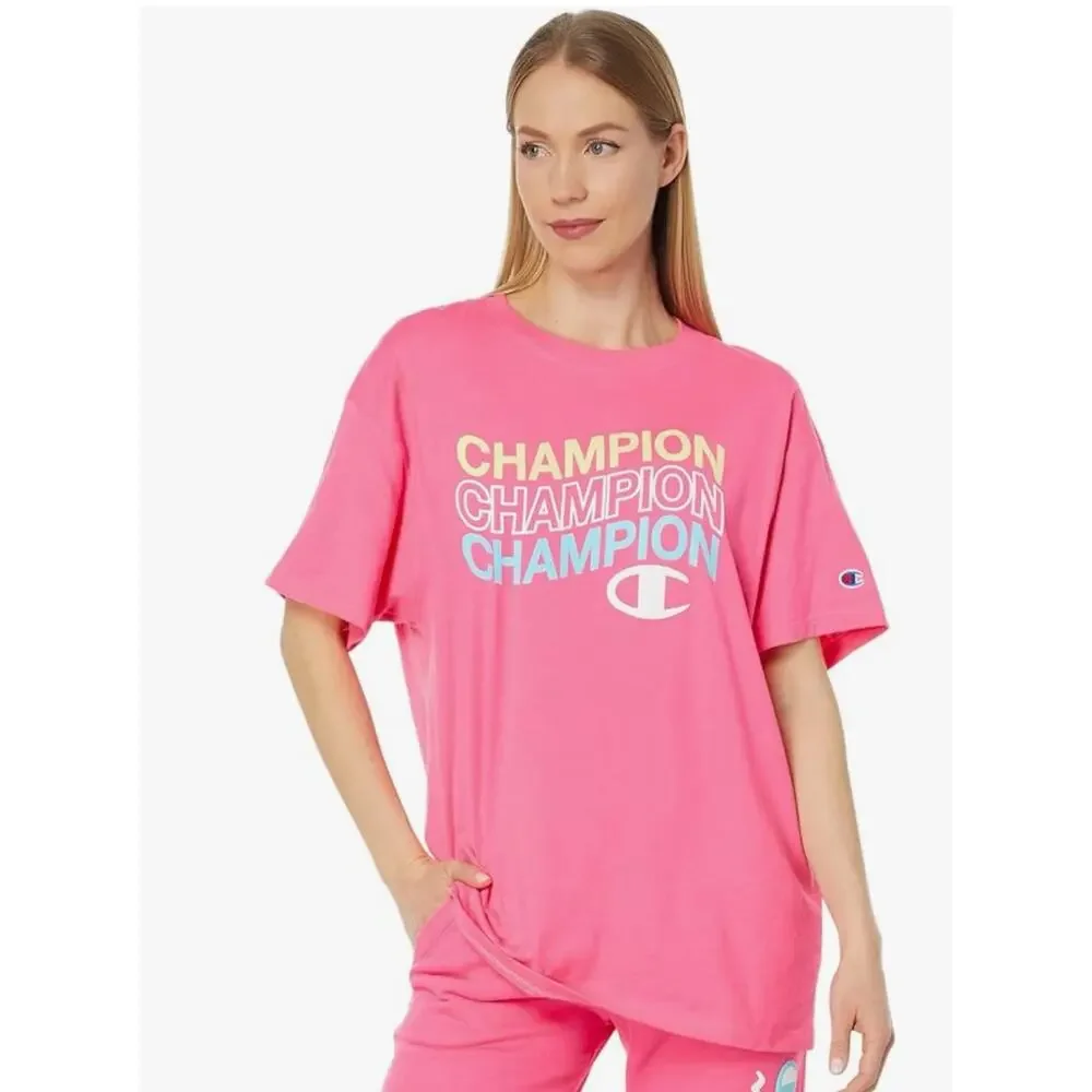 Champion Womens Size M Joyful Pink Classic Oversized Crewneck Logo Tee T-Shirt - Picture 1 of 12